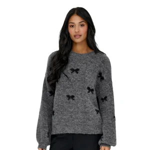 Only Brunhilda Life LS Bow O-Neck Knit Medium Grey