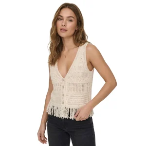 Only Alix SL Fringe Waistcoat Knit Ecru